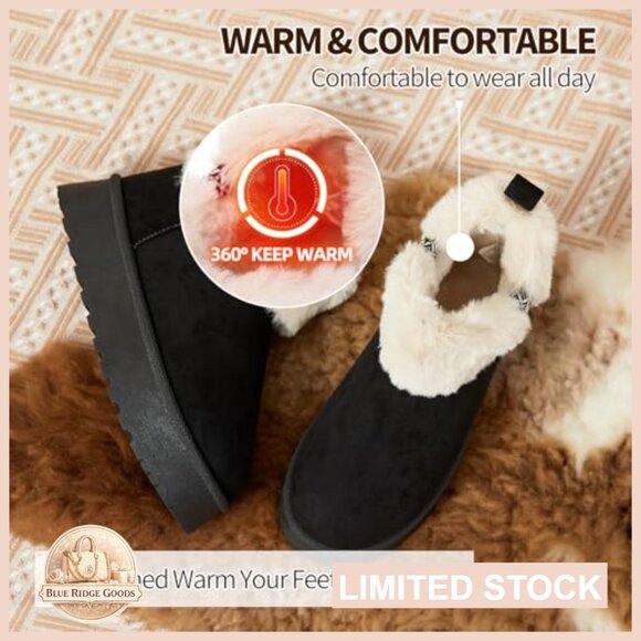 Faux Fur Lined Platform Snow Boots Slip On Ankle Booties Winter Warm Fuzzy - Picture 4 of 7